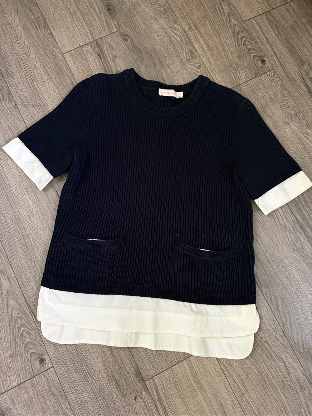 Tory Burch Navy and White Short-Sleeve Layered Knit Top